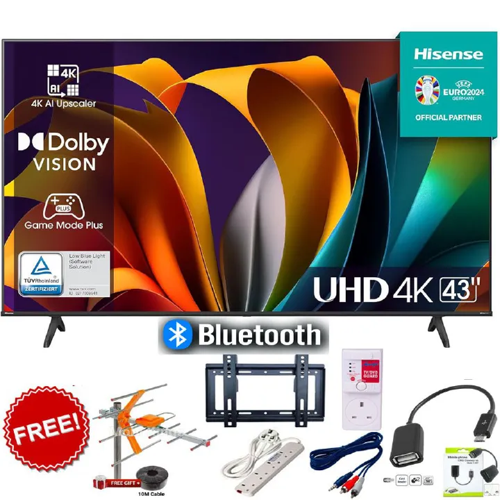 Hisense43'' Inch TV, 43A6 series,BLUETOOTH ENABLED TV, SMART  ULTRA HD 4K TELEVISION, HDR Frameless,Netflix-Youtube LED TV,DOLBY AUDIO,VIDAA OS,HISENSE 43" INCH TV+ 6 EXTRA ACCESSORIES
