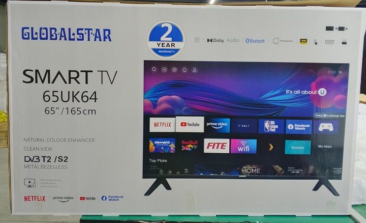 GLOBALSTAR 65" INCH/165CM, 65UK64,4K ULTRA HD SMART TV,FRAMELESS, BLUETOOTH ENABLED TELEVISION,NETFLIX, YOUTUBE, PRIMEVIDEO,VIDAA OS,DOBLY,USB/HDMI/VGA PORTS, MULTILANGUAGE,+ 2 YEARS WARRANTY