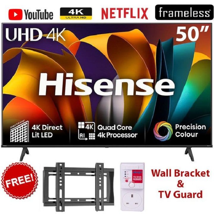 HISENSE 50A6N(2025 Model)- 50" Inch FRAMELESS,VIDAA OS,DOBLY AUDIO, SMART TV,BLUETOOTH,4K ULTRA HD TV,NETFLIX,YOUTUBE+2 YEARS WARRANTY+FREE WALL BRACKET+TV POWER GUARD