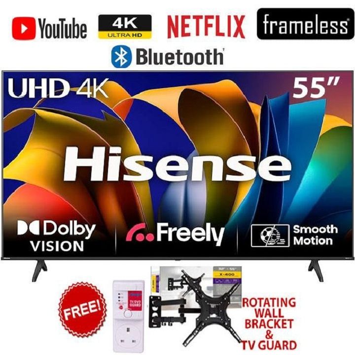 Hisense 55" Inch,55A6 (2025 Model),FRAMELESS,DOLBY AUDIO SMART-Television,UHD 4K,BLUETOOTH 5.0 CONNECTIVITY,WI-FI CONNECTIVITY, INBUILT DECODER,+FREE TV GUARD+ TILT WALL MOUNTING BRACKET