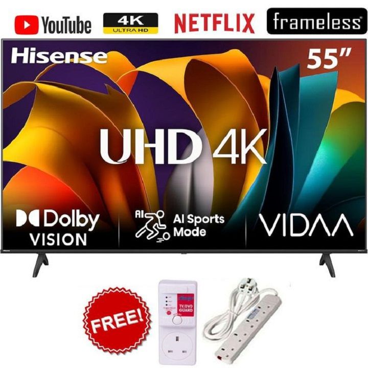 Hisense 55" Inch TV ,55A6 (2025 Model) HISENSE 55" INCH,FRAMELESS,DOLBY AUDIO SMART Television,UHD 4K,BLUETOOTH 5.0 CONNECTIVITY,WI-FI CONNECTIVITY, INBUILT DECODER CHANNELS  +FREE TVGUARD+ EXTENSION