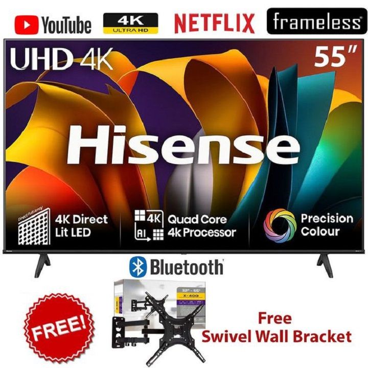 HISENSE 55" Inch SMART TV Television 4K UHD TV,55A6 (2026 Model),FRAMELESS,DOLBY AUDIO BLUETOOTH 5.0 ,WI-FI ENABLED,INBUILT DECODER HISENSE55,NETFLIX YOUTUBE,VIDAA OS TV,DTS+FREE TILT WALL BRACKET