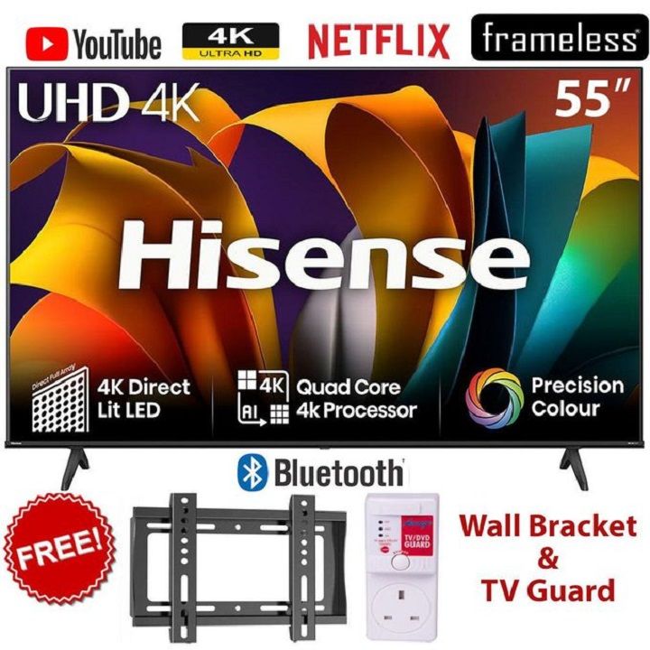 HISENSE 55" Inch SMART TV Television 4K UHD TV,55A6 (2026 Model),FRAMELESS,DOLBY AUDIO BLUETOOTH 5.0,WI-FI ENABLED,INBUILT DECODER HISENSE55,NETFLIX YOUTUBE,VIDAA OS TV,DTS+FREE TV GUARD+ WALL BRACKET