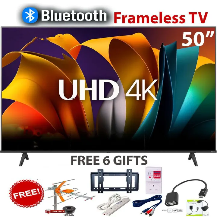 HISENSE 50" INCH SMART TV 50A6(2026 Model) HISENSE50" TELEVISION FRAMELESS,VIDAA OS,DOBLY AUDIO,BLUETOOTH ENABLED,WIFI,4K ULTRA HD TV,NETFLIX,YOUTUBE,2 YEARS WARRANTY+ 6 EXTRA ACCESSORIES
