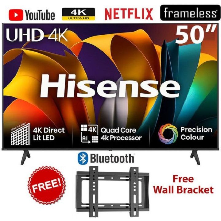 HISENSE 50A6(2025 Model)- HISENSE 50" Inch TELEVISION FRAMELESS,VIDAA OS,DOBLY AUDIO, SMART TV,BLUETOOTH ENABLED,WIFI,4K ULTRA HD TV,NETFLIX,YOUTUBE,2 YEARS WARRANTY+FREE FIXED WALL MOUNTING BRACKET