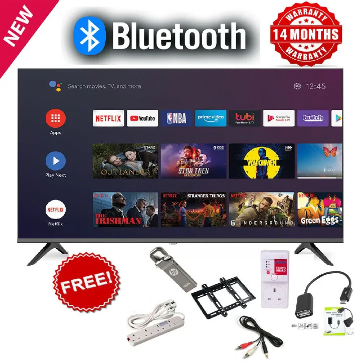 AMTEC 43" inch TV Bluetooth Enabled, Frameless Television, Full HD ,Smart Android TV, Built-in WIFI, Inbuilt Decoder 2*HDMI 2*USB Ports Wide Color ENHANCER, NETFLIX ,YOUTUBE + 6 FREE  ACCESSORIES