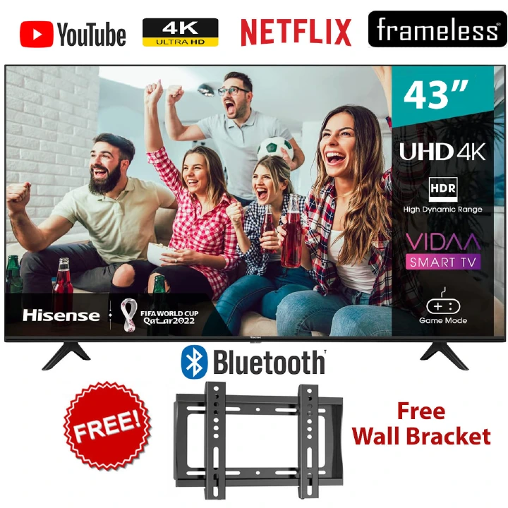 Hisense 43'' Inch SMART TV 4K ULTRA HD TV 43A6-series BLUETOOTH ENABLED TELEVISION, HDR Frameless,Netflix-Youtube LED TV,DOLBY AUDIO,VIDAA OS,HISENSE43+ A FREE WALL MOUNTING BRACKET