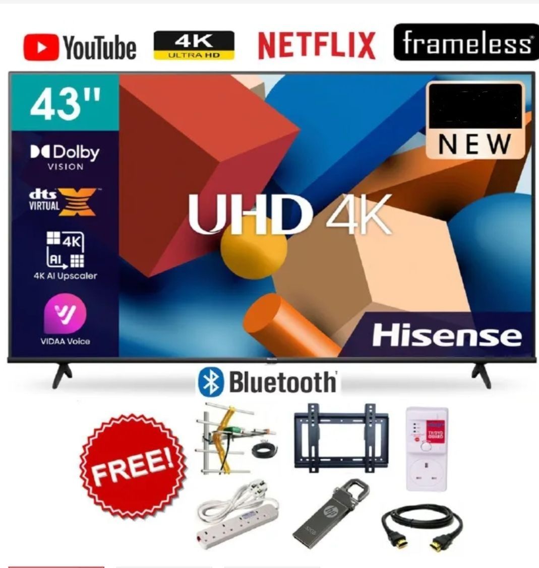 Hisense 43'' Inch SMART TV, 43A6 Series,BLUETOOTH ENABLED TV, TV ULTRA HD 4K TELEVISION, HDR Frameless, Netflix-YouTube LED TV,DOLBY AUDIO,VIDAA OS,WIFI CONNECTIVITY HISENSE43+ 6 EXTRA GIFTS