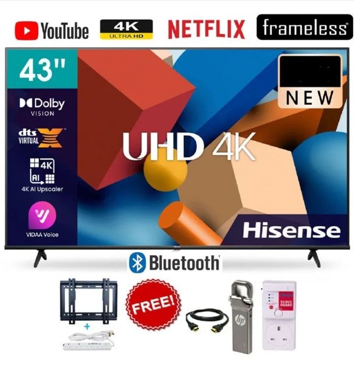 Hisense 43'' Inch SMART TV  4K ULTRA HD 43A6 series 2026 MODEL,BLUETOOTH ENABLED TELEVISION, HDR Frameless, Netflix YouTube LED TV,DOLBY AUDIO,VIDAA OS,WIFI CONNECTIVITY + 5 EXTRA FREE ACCESSORIES