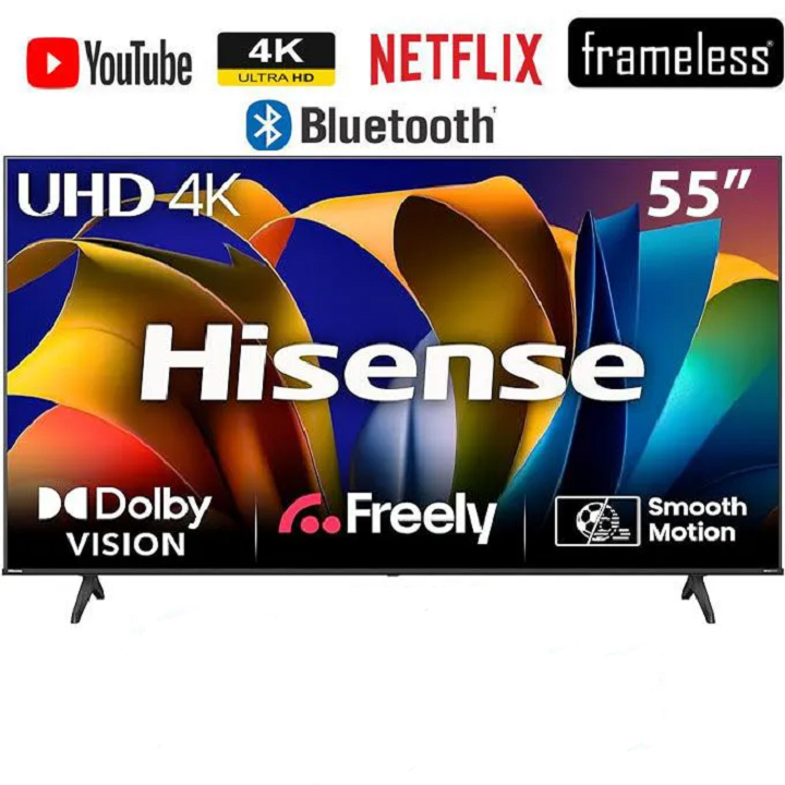 HISENSE 55" Inch SMART TV Television 4K UHD TV,55A6 (2026 Model),FRAMELESS,DOLBY AUDIO BLUETOOTH 5.0 CONNECTIVITY, WI-FI CONNECTIVITY, INBUILT DECODER HISENSE55,NETFLIX YOUTUBE,VIDAA OS TV,DTS