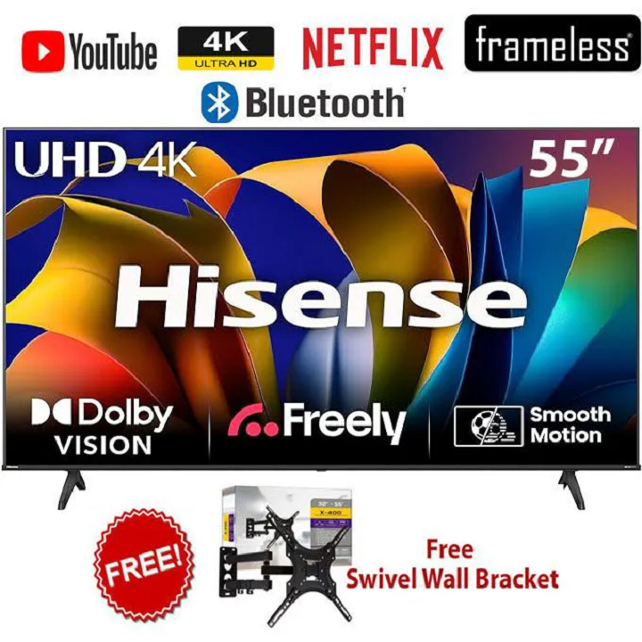 HISENSE 55" Inch SMART Television,4K UHD TV ,55A6Q(2026 Model),FRAMELESS,DOLBY AUDIO ,BLUETOOTH 5.0 CONNECTIVITY,WI-FI CONNECTIVITY, INBUILT DECODER FOR LOCAL CHANNELS+ FREE TILT / SWIVEL WALL BRACKET