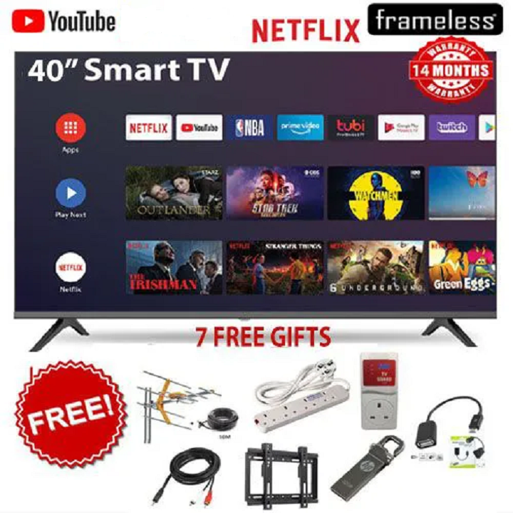 AMTEC 40" inch TV AC/DC TV, Bluetooth Enabled, Frameless Television, Full HD ,Smart Android TV, Built-in WIFI, Inbuilt Decoder 2*HDMI 2*USB Ports WideColor ENHANCER, NETFLIX ,YOUTUBE + 7 FREE GIFTS
