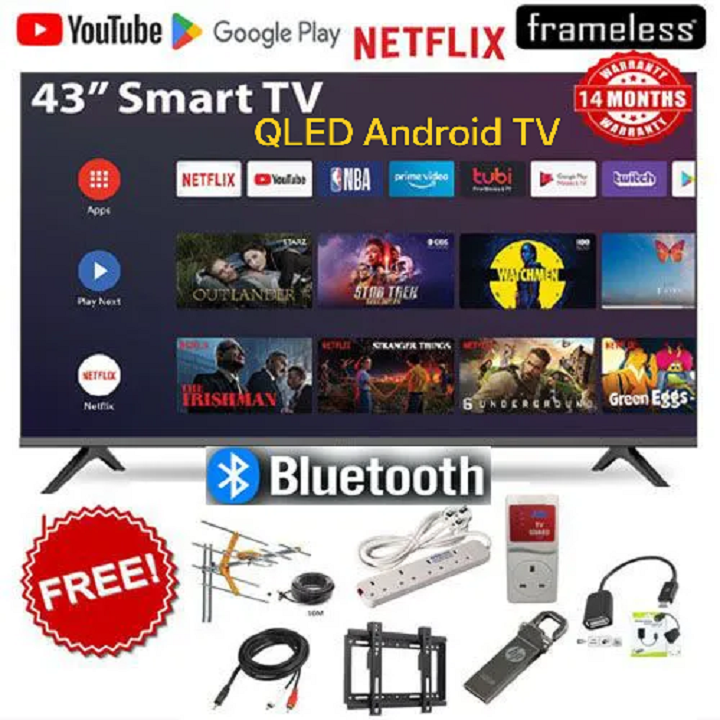 VITRON43" QLED TV BLUETOOTH ENABLED HTC4300QFS ,VITRON 43" INCH, FRAMELESS FHD SMART TV ANDROID TV NETFLIX ,YOUTUBE TELEVISION 43 INCHES , BUILT-IN WIFI, APP STORE 1GB-RAM 8GB-ROM  + 7 FREE GIFTS
