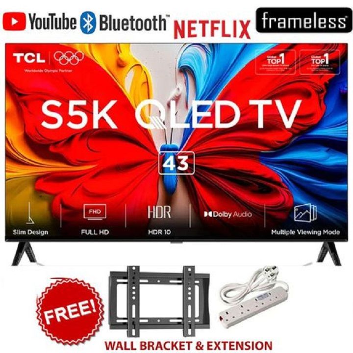 TCL 43S5K,43" Inch QLED Google TV Bluetooth Enabled Full HD Television Smart ANDROID TV Netflix Youtube Appstore Inbuilt WIFI Inbuilt Decoder DOLBY AUDIO HDR10+ FREE WALL MOUNTING BRACKET+EXTENSION