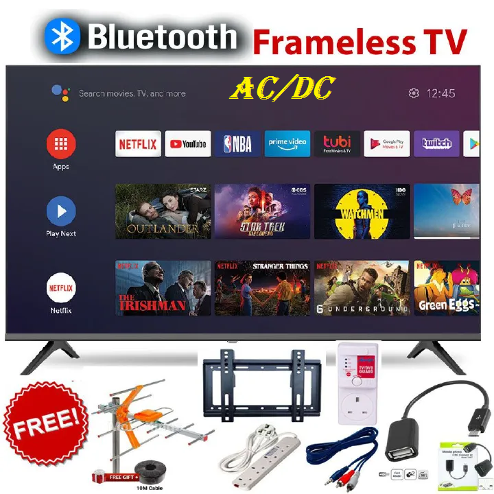 AMTEC 40" inch TV AC/DC TV, Bluetooth Enabled, Frameless Television, Full HD ,Smart Android TV,Built-in WIFI,Inbuilt Decoder 2*HDMI 2*USB Ports WideColor ENHANCER NETFLIX YOUTUBE + 6 EXTRA ACCESSORIES