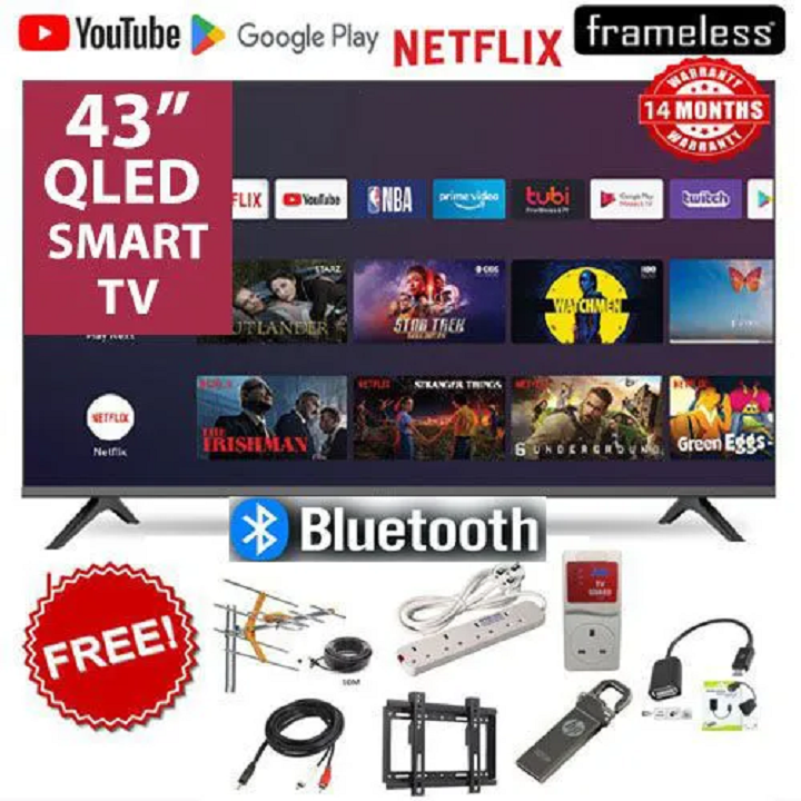 VITRON HTC4300QFS 43" Inch QLED TV  BLUETOOTH FRAMELESS SMART TV Android FULL HD TELEVISION,HAS INBUILT DECODER 1GB-RAM,8GB-ROM,Netflix, YouTube APP STORE 43 INCHES TELEVISION + 7 FREE GIFTS