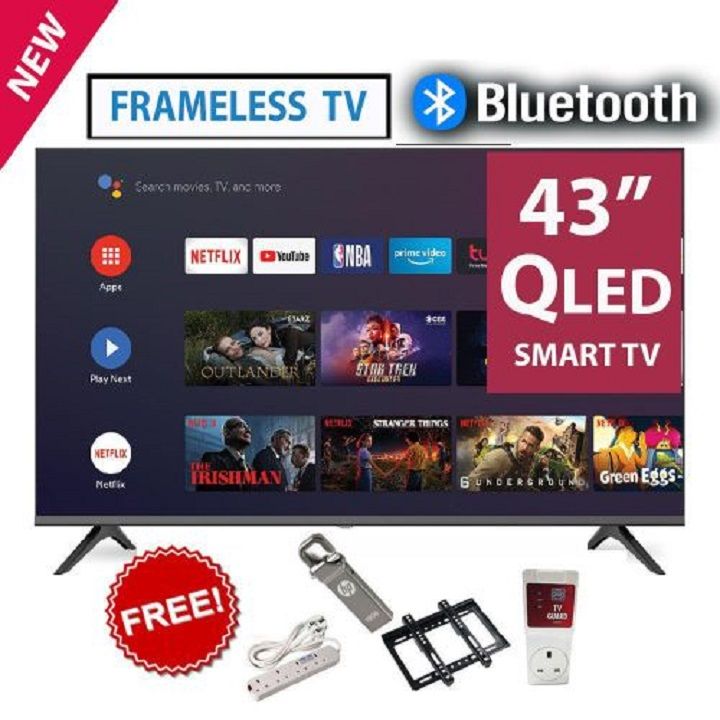 VITRON HTC4300QFS 43" INCH QLED TV BLUETOOTH FRAMELESS FULL HD SMART ANDROID TV TELEVISION NETFLIX YOUTUBE TELEVISION BUILT-IN WIFI APPSTORE 1GB RAM 8GBROM 2*USB PORTS,3*HDMI PORTS + 4 FREE GIFTS