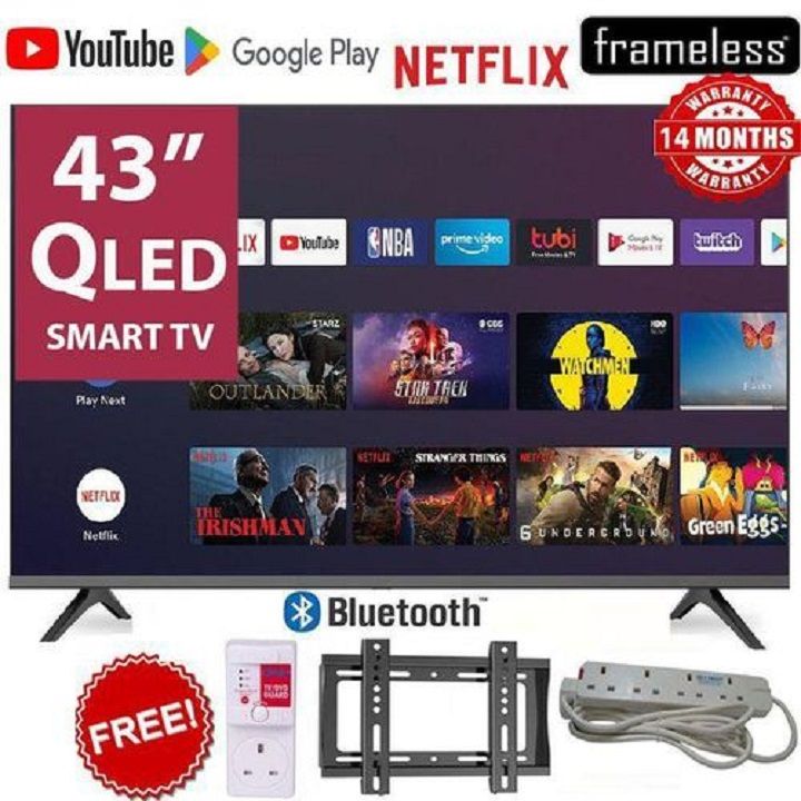 VITRON 43" INCH Smart Android TV QLED TV  BLUETOOTH FRAMELESS FHD HTC 4300QFS NETFLIX ,YOUTUBE TELEVISION BUILT-IN WIFI, APP STORE 1GB-RAM 8GB-ROM VITRON43+FREE TV GUARD+HEAVYDUTY EXTENSION+BRACKET