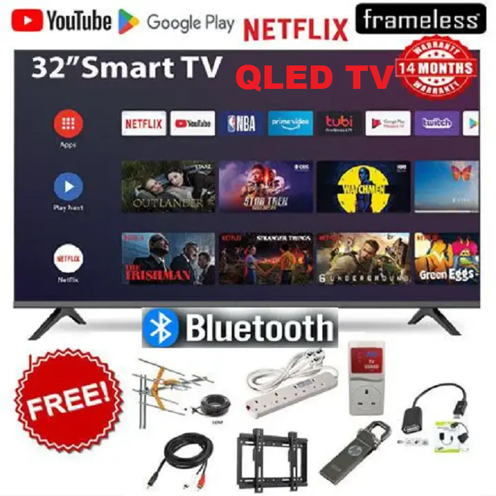 TCL 32 inch QLED TV Bluetooth FRAMELESS FULL HD SMART ANDROID GOOGLE TV,HDR10, Inbuilt Decoder Bluetooth Netflix,Youtube,ChromeCast Built-in Google Appstore DOLBY AUDIO Prime Video+7 FREE GIFTS