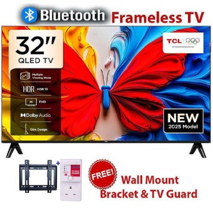 TCL 32" inch QLED GOOGLE TV FRAMELESS FULL HD SMART ANDROID TV Inbuilt Decoder Bluetooth Netflix,Youtube,ChromeCast Built-in Google PLAYSTORE, Prime Video HDR10, DOLBY AUDIO+FREE TV Guard+Bracket