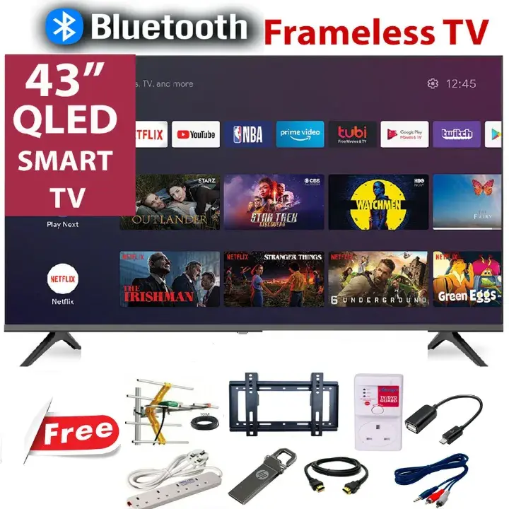 VITRON 43" INCH TV SMART TV ANDROID 14.0 TV  QLED TV BLUETOOTH ENABLED HTC4300QFS, FRAMELESS FHD  NETFLIX ,YOUTUBE TELEVISION 43 INCHES , BUILT-IN WIFI, APP STORE 1GB-RAM 8GB-ROM ICAST  + 8 FREE GIFTS
