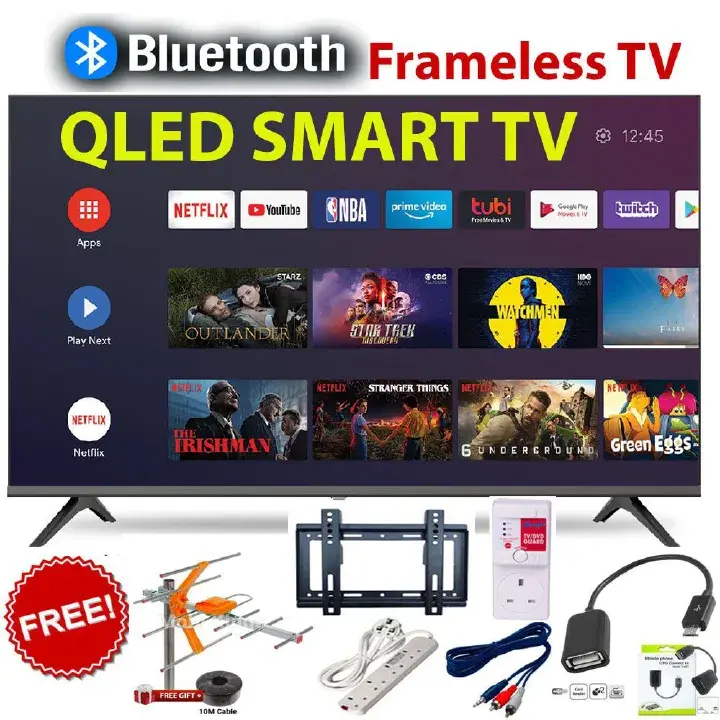 VITRON  43" INCH QLED TV BLUETOOTH ENABLED HTC4300QFS FRAMELESS FHD SMART TV ANDROID 14.0 TELEVISION NETFLIX YOUTUBE  BUILT-IN WIFI APPSTORE 1GB RAM 8GBROM 2*USB &3*HDMI PORTS + 6 EXTRA ACCESSORIES
