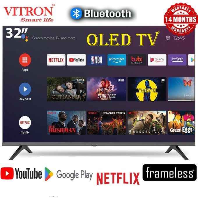 VITRON 32" INCH QLED TV HTC3288QS,FRAMELESS, BLUETOOTH TV , Smart Android 14.0 TV Inbuilt Decoder HDMI,USB,Netflix,Youtube, APP STORE 14 Months Warranty+ FREE TV Guard + WALL BRACKET + Extension CABLE
