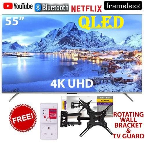 VITRON HTC55QUS,55" Inches QLED TV Television 4K UHD Bluetooth Enabled TV Smart Android TV Netflix,Youtube Appstore Inbuilt Decoder, ICAST SCREEN, VOICE CONTROL  + Free TV Guard + TILT WALL BRACKET