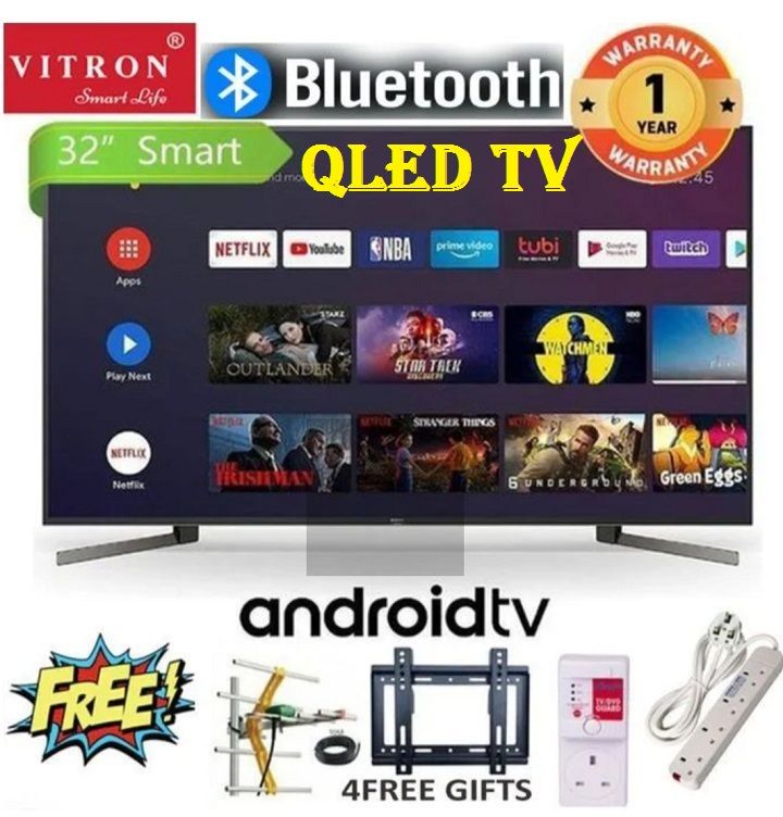 VITRON 32" Inch TV  QLED TV BLUETOOTH TV FRAMELESS  Smart DIGITAL TV  Android 14.0 TV with Inbuilt Decoder Inbuilt WIFI ENABLED ,Netflix, YouTube ICAST SCREEN MIRRORING App store + 4 EXTRA GIFTS