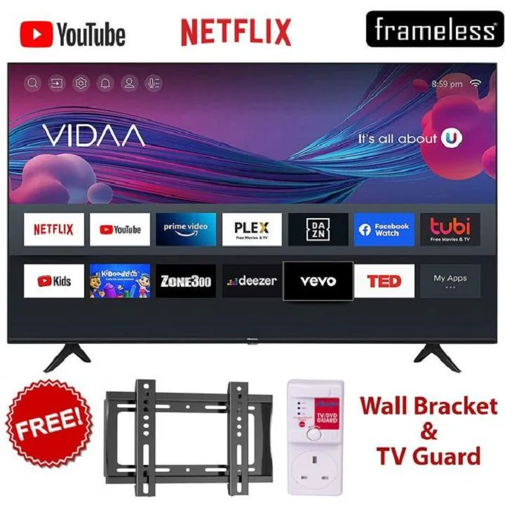 Hisense32" inch 32A4 VIDAA OS Full HD FRAMELESS Smart  TV Television, Inbuilt WIFI ,A4 Series Dolby Audio Inbuilt Decoder USB HDMI 24 Months Warranty, Hisense 32" inch TV +FREE TV GUARD+ WALL BRACKET