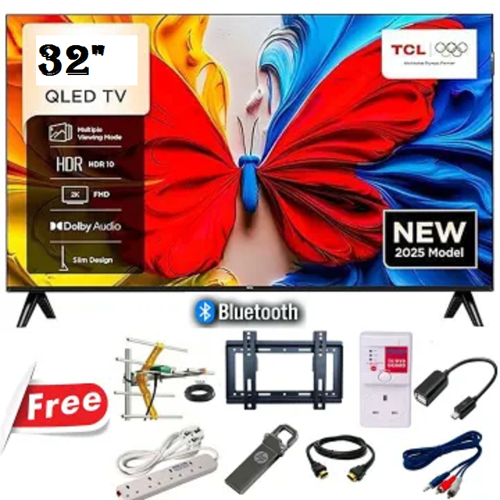 TCL 32" inch QLED FULL HD TV Bluetooth Enabled Frameless Smart Android GOOGLE TV HDR10 DOLBY WIFI ENABLED Television Chromecast Google Playstore Netflix YouTube DOLBY AUDIO+ 8 FREE GIFTS