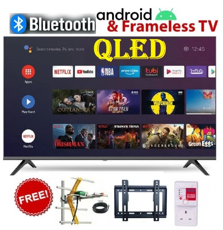 GLD 43" inch TV Smart Android QLED TV Bluetooth Connectivity Television, Inbuilt Decoder Netflix Youtube VGA HDMI USB Wide Color Enhancer + FREE WALL BRACKET+TVGUARD+AERIAL