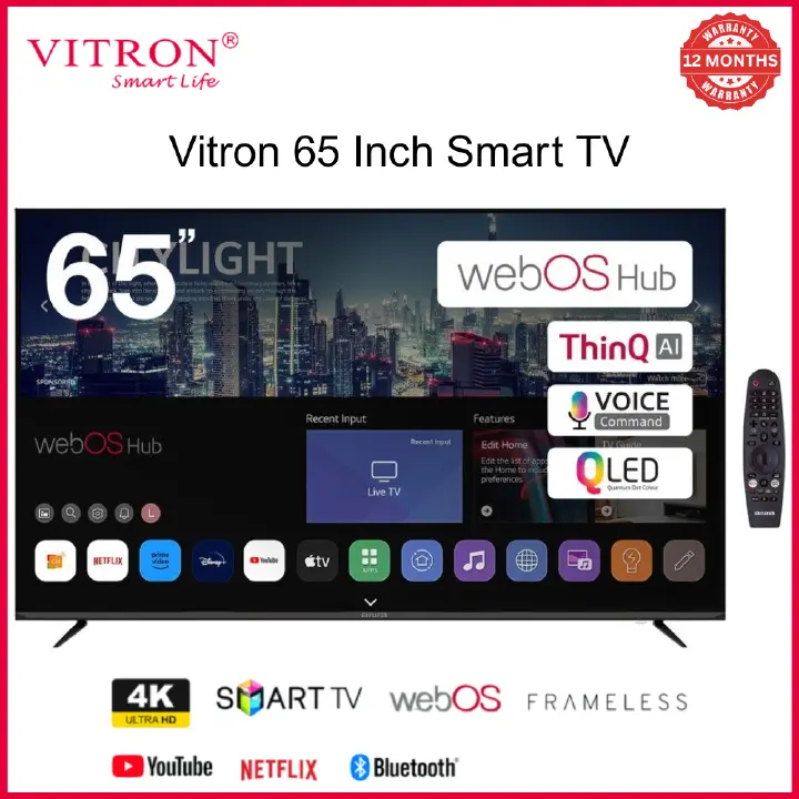Vitron 65" Inch Smart TV 4K WebOS TV DVBT2/S2 ,HDR, Dolby Audio,PrimeVideo ,Inbuilt Decoder ,App store, Netflix ,YouTube, BLUETOOTH , MULTIPLE USB HDMI ports Multilanguage Wide Color Enhancer VITRON65