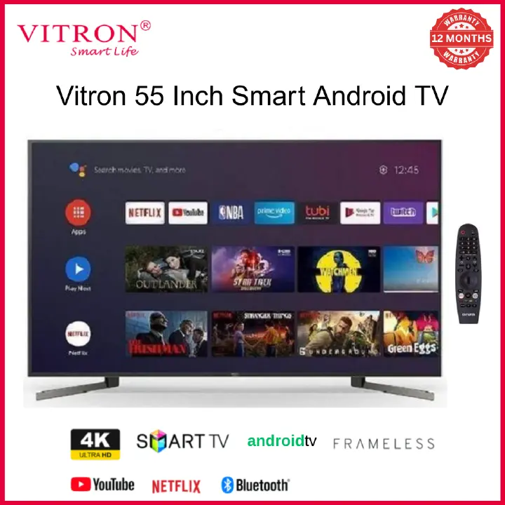 VITRON 55" Inch HTC5568US FRAMELESS  BLUETOOTH ENABLED 4K UHD Television Smart Android TV, Netflix, YouTube Bluetooth Enabled INBUILT DECODER 1.5GBRAM,8GBROM ,WIFI ENABLED+ 4 FREE GIFTS