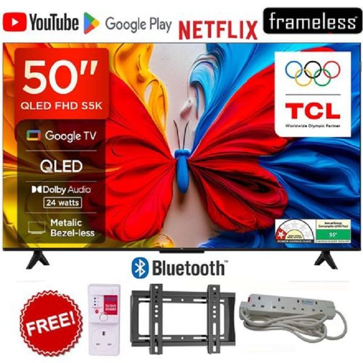 TCL 50" Inch TV QLED TV Google TV Smart Full HD Android TV, Wi-Fi Enabled, Bluetooth Enabled, HDMI/USB ports, Netflix, YouTube, Dolby Audio Prime Video, Inbuilt Decoder+FREE TV GUARD+BRACKET+EXTENSION