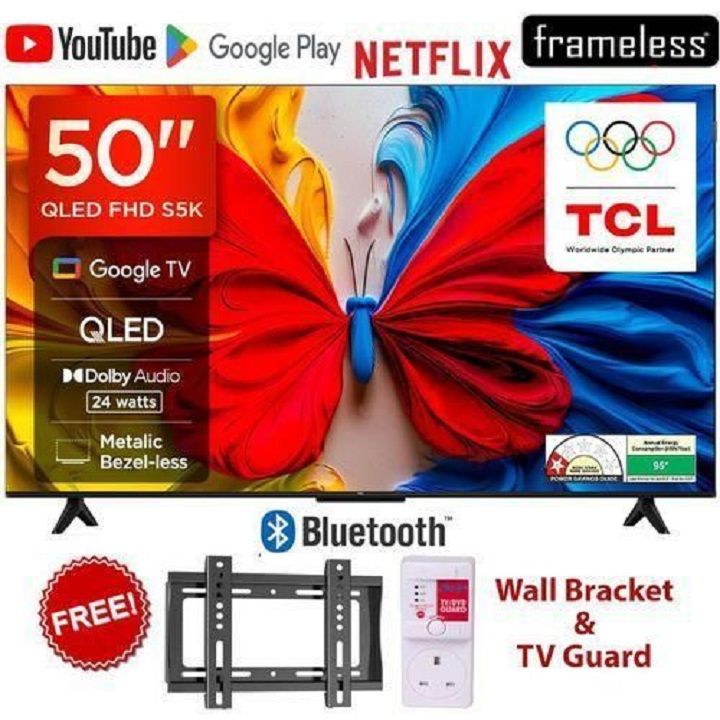 TCL 50" Inch TV QLED TV Google TV Smart Full HD Android TV, Wi-Fi Enabled, Bluetooth Enabled, HDMI/USB ports, Netflix, YouTube, Dolby Audio Prime Video, Inbuilt Decoder+ FREE TV GUARD+ WALL BRACKET