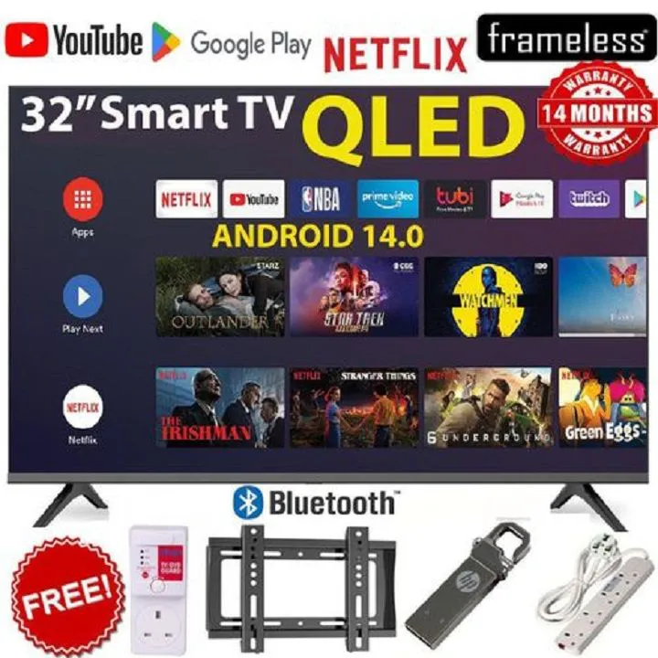 VITRON 32" inch Smart Android TV QLED TV HTC3288QS,FRAMELESS BLUETOOTH VITRON32" Inch Television  Inbuilt Decoder HDMI USB Ports,1GB RAM 8GB ROM, Netflix, YouTube,  App store ICAST + 4 FREE GIFTS