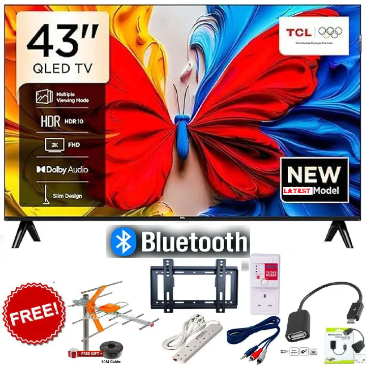 TCL 43" Inch Smart Android QLED TV 43S5K Bluetooth Enabled Television Google TV Netflix YouTube Google App store Inbuilt WIFI Connectivity Inbuilt Decoder  DOLBY AUDIO HDR10 TCL43+ 6 EXTRA ACCESSORIES