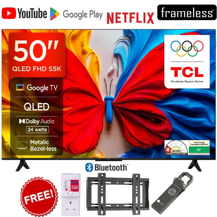 TCL 50" Inch TV QLED TV Google TV Smart Full HD Android TV, Wi-Fi, Bluetooth Enabled, HDMI/USB ports,Netflix,YouTube, Dolby Audio Inbuilt Decoder, cast screen+FREE TV GUARD+BRACKET+ FLASH DISK
