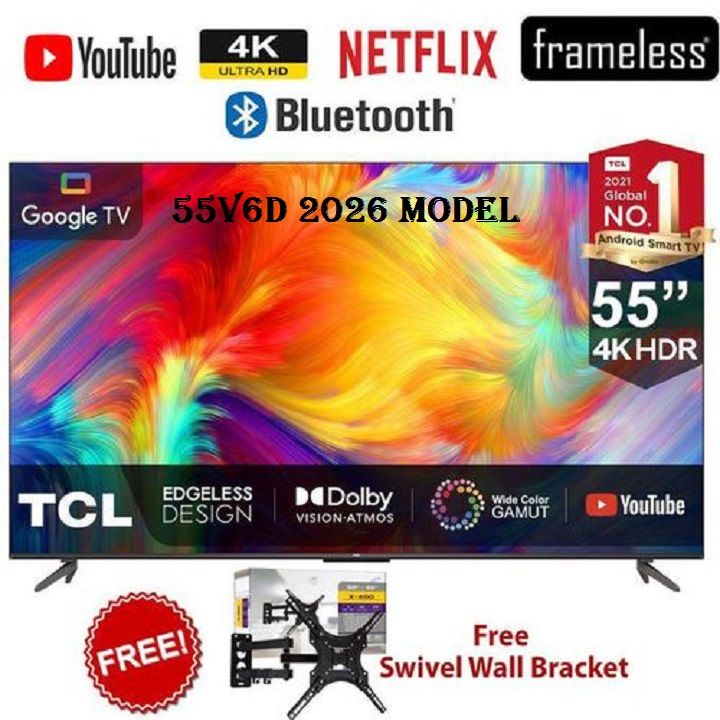 TCL 55" Inch 4K ULTRA HD Smart TV (55V6D, 2026 Model)with Google,Dolby Vision, Atmos, HDR Pro+, Game Accelerator Enhanced Gaming, Voice Control,NETFLIX, YOUTUBE,BLUETOOTH + FREE  TILT WALL BRACKET