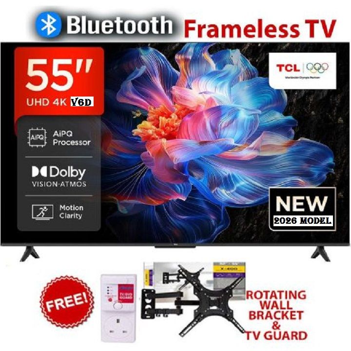 TCL 55" Inch Smart TV 4K ULTRA HD 55V6D 2026 Model with Google, Dolby Vision, ATMOS, HDR Pro+, Game Accelerator Enhanced Gaming, Voice Control, NETFLIX, YOUTUBE,BLUETOOTH + FREE TV GUARD+ TILT BRACKET
