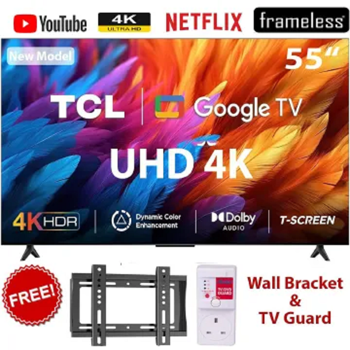 TCL 55" Inch Smart TV 4K ULTRA HD 55V6D 2026 Model Google, Dolby Vision, ATMOS, HDR Pro+, Game Accelerator Enhanced Gaming, Voice Control, NETFLIX, YOUTUBE,BLUETOOTH TCL55+ FREE TV GUARD+ WALLBRACKET
