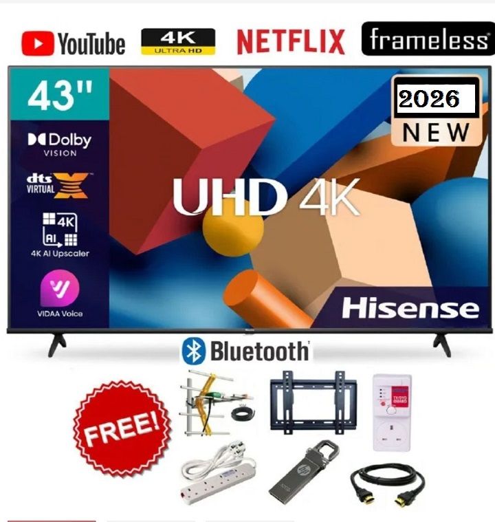 Hisense 43'' Inch 43A6 series,BLUETOOTH ENABLED TV, SMART  ULTRA HD 4K TELEVISION, HDR Frameless,Netflix-Youtube LED TV,DOLBY AUDIO,VIDAA OS+ 6 EXTRA GIFTS