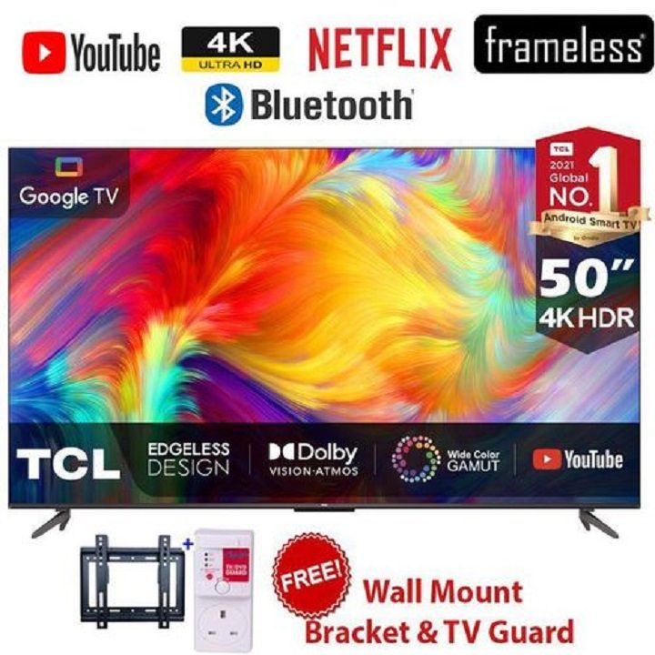 TCL 50" Inch Smart TV 50V6C 4K ULTRA HD  Google Dolby Vision, Atmos, HDR Pro+, Game Accelerator Enhanced Gaming, Voice Control, NETFLIX YOUTUBE,APP STORE,ICAST SCREEN TCL50 +FREE TV GUARD+WALL BRACKET