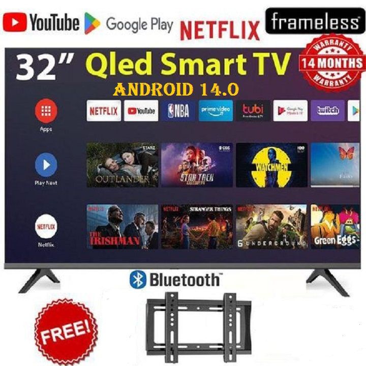 VITRON 32" INCH TV Smart Android 14 Digital QLED TV BLUETOOTH-ENABLED  HTC3288QS,FRAMELESS Inbuilt Decoder Inbuilt WIFI Netflix YouTube App store 2*USB 3*HDMI Ports,ICAST SCREEN+ FREE BRACKET