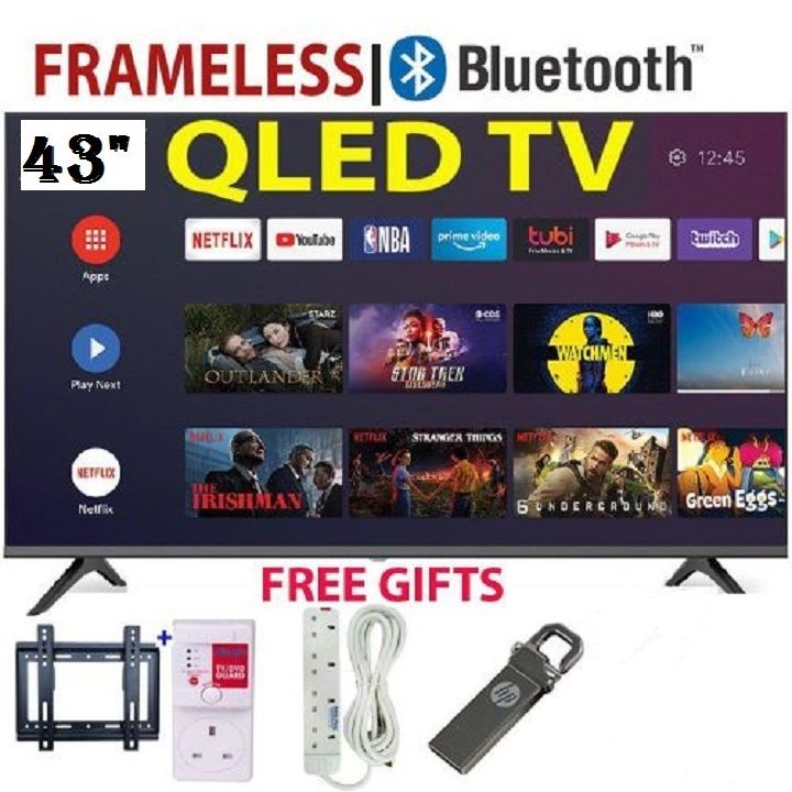 VITRON 43" INCH SMART ANDROID TV  HTC4300QFS QLED TV   BLUETOOTH FRAMELESS FHD  TELEVISION NETFLIX YOUTUBE TELEVISION   WIFI APPSTORE 1GB RAM 8GBROM 3*HDMI PORTS,ICAST SCREEN VITRON43+4 FREE GIFTS