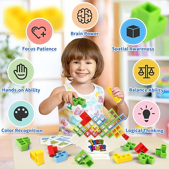 TETRIS TOWER GAME,  Tower Balance Stacking Game for Kids and Adults, Balanced Board Games for Kids 8-12, Two Players Team Versus Stack Attack Card Games