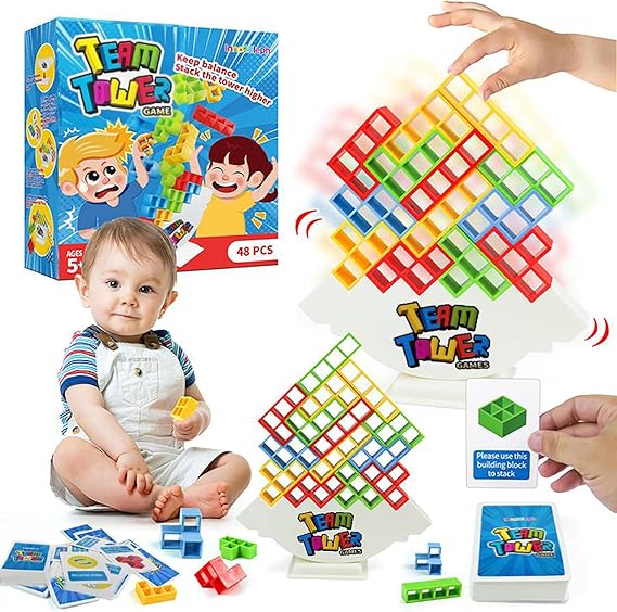 TETRIS TOWER GAME,  Tower Balance Stacking Game for Kids and Adults, Balanced Board Games for Kids 8-12, Two Players Team Versus Stack Attack Card Games