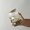500ML Glass Cups with Lids and Straws Drinking Glasses with Bamboo Lids for Coffee Cocktail Smoothie Milk (Vertical Stripe Mug)