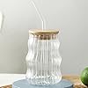 500ML Glass Cups with Lids and Straws Drinking Glasses with Bamboo Lids for Coffee Cocktail Smoothie Milk (Vertical Stripe Mug)